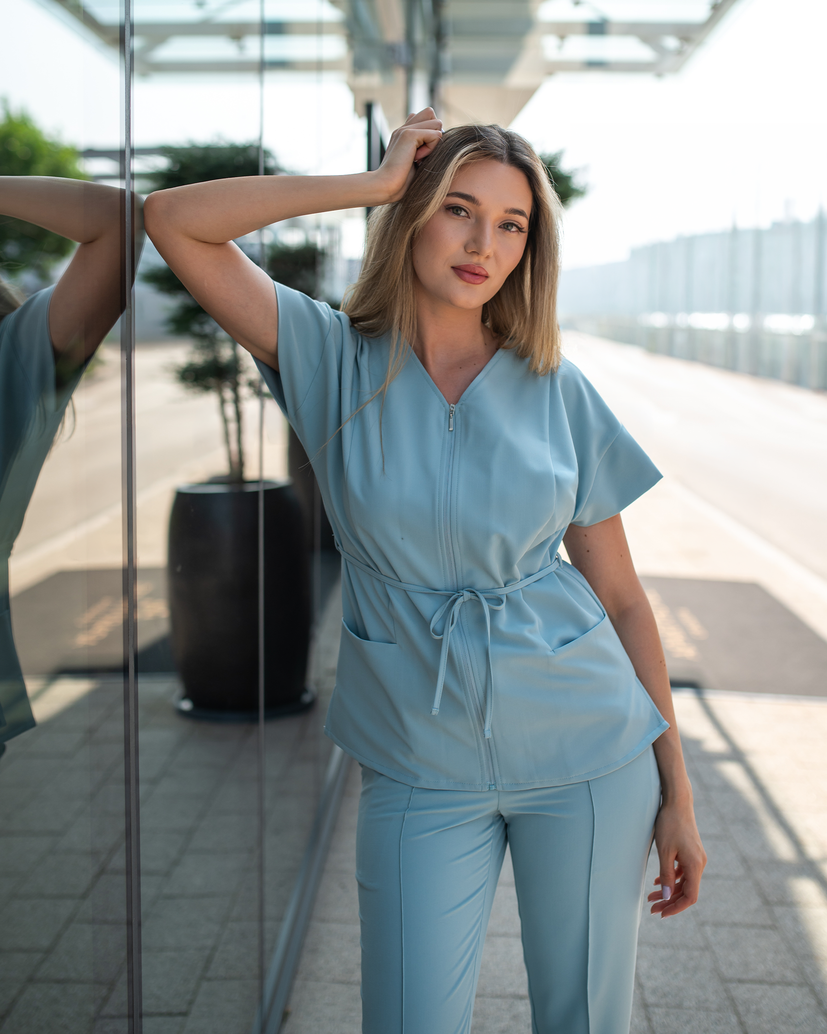 ROSA Blue Scrub Top - Front view