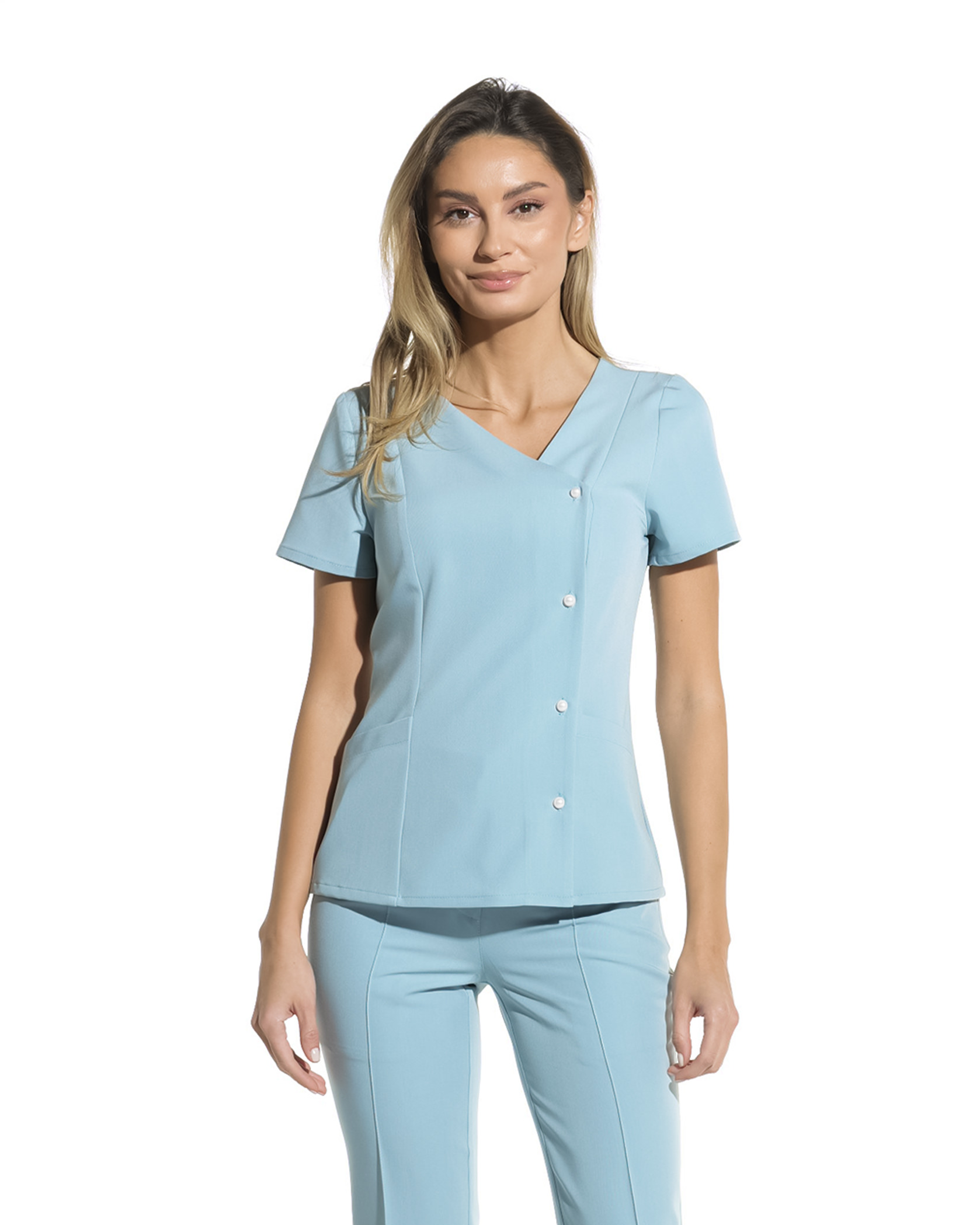 PERLA Blue Scrub Top - Close up details