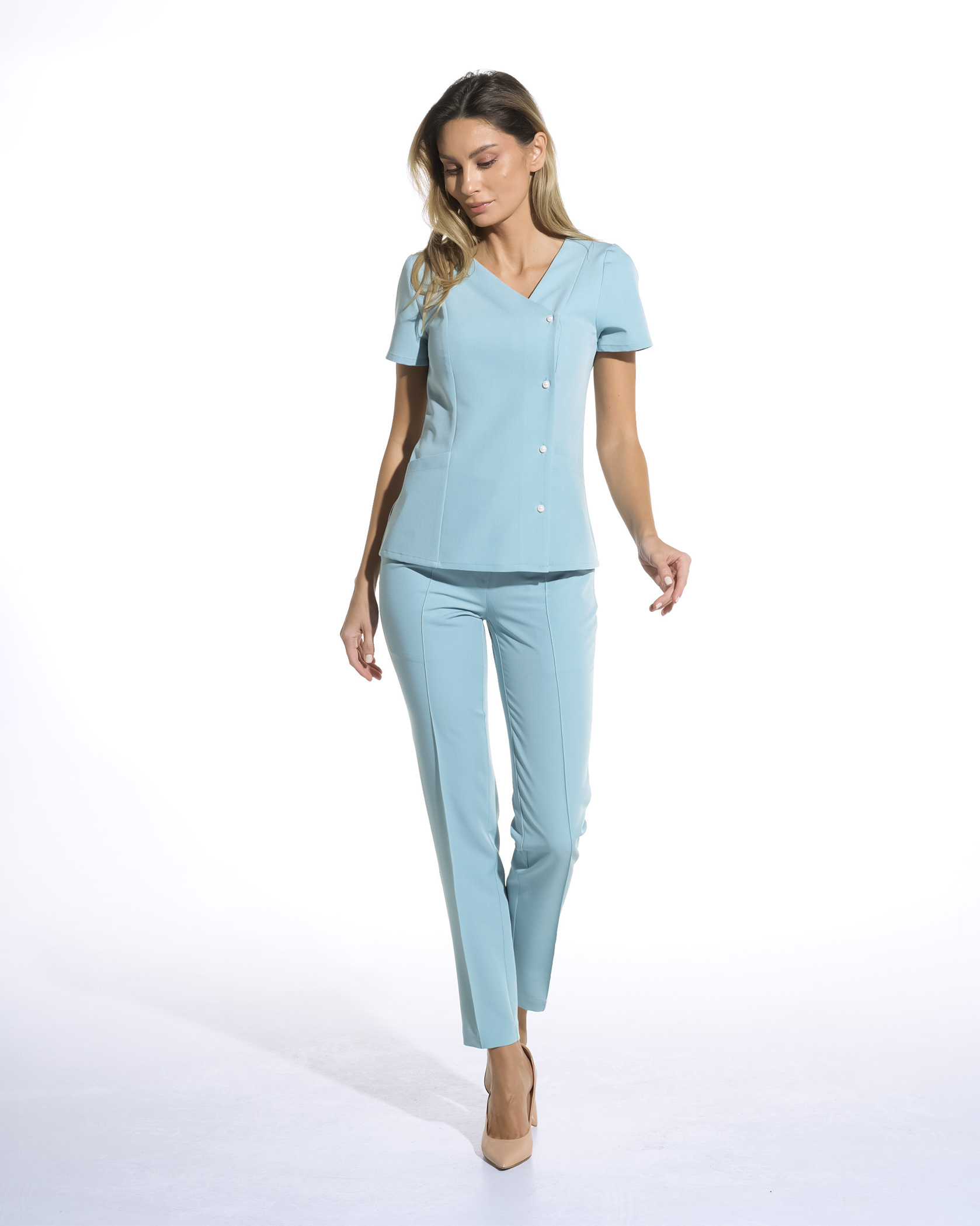 PERLA Blue Scrub Top - Front view