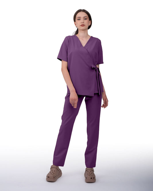Bluza medicala dama ANAIS plum - croi kimono cu cordon lateral