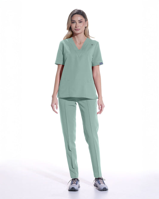 Costum medical CLASIC jad - vedere frontala completa cu bluza si pantalon