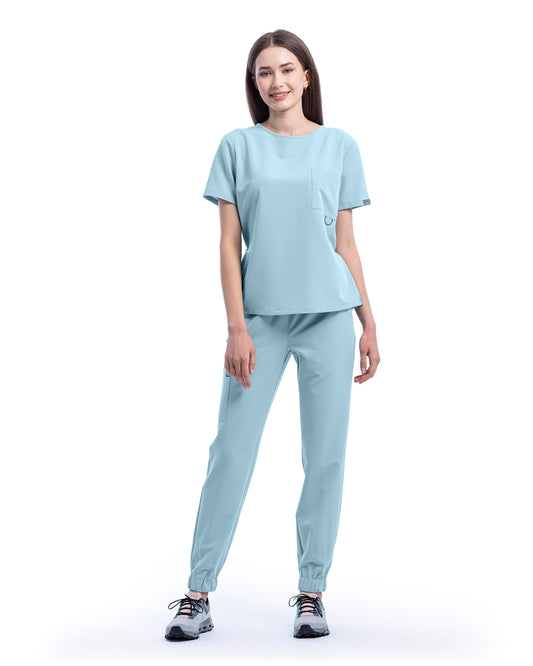 Costum medical dama ACTIVE Blue - vedere frontala, set complet bluza si pantaloni jogger