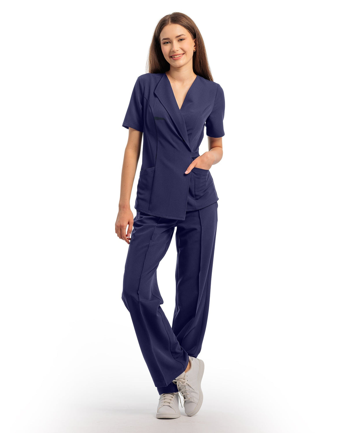 Costum medical dama STUDIO navy - tinut complet, vedere din fata